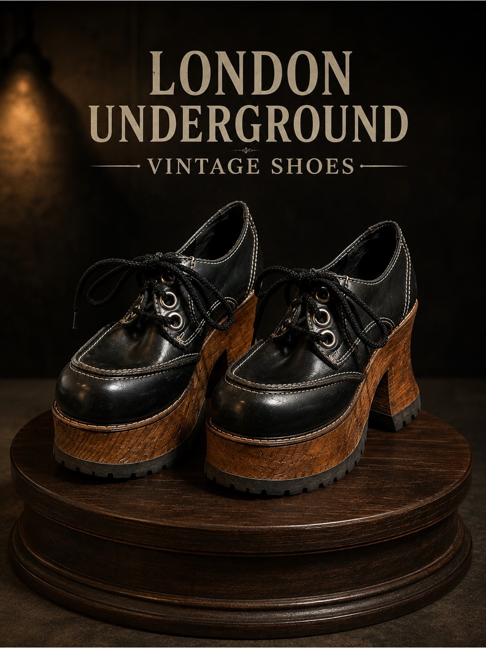 London Underground Black Platform Lace-Up Heels with Wood-Effect Sole